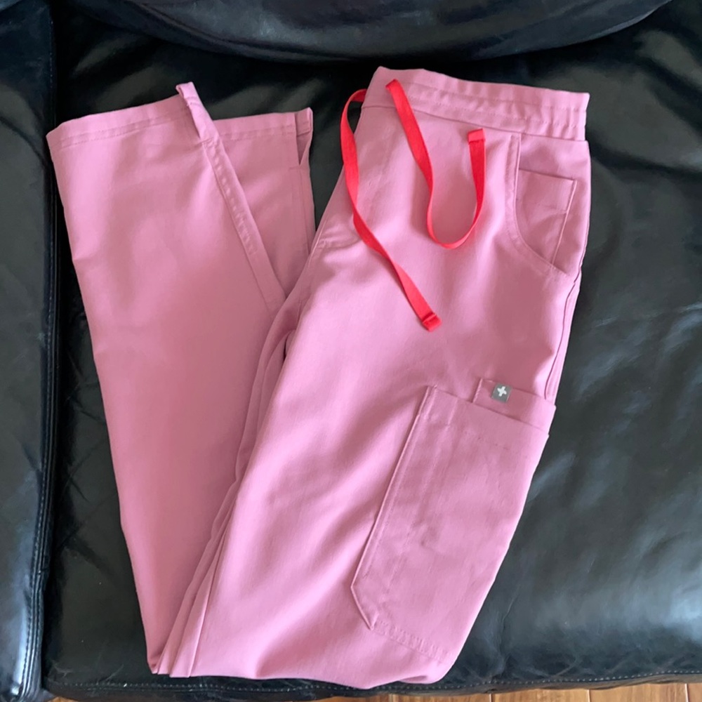 Figs Women's Skinny Scrub Pants in Pink with Red Drawstring